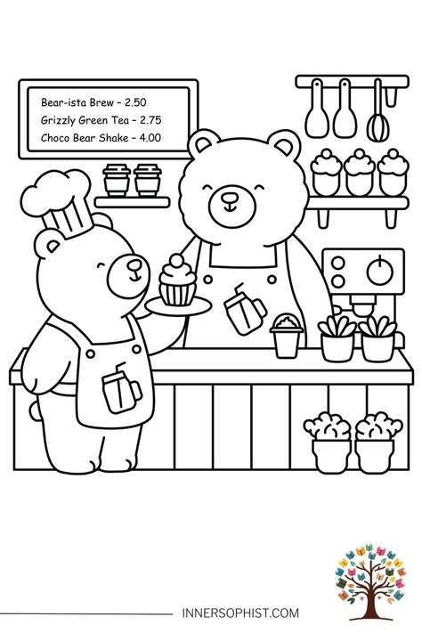 Bear Cafe Coloring Page Cute Bear Coloring Pages, Cozy Coloring Pages Printable, Cute Cafe Drawing, Cute Colouring In Pages, Coco Wyo Coloring Pages, Cookie Coloring Pages, Coffee Cup Doodle, Coffee Coloring Pages, Coloring Pages Food