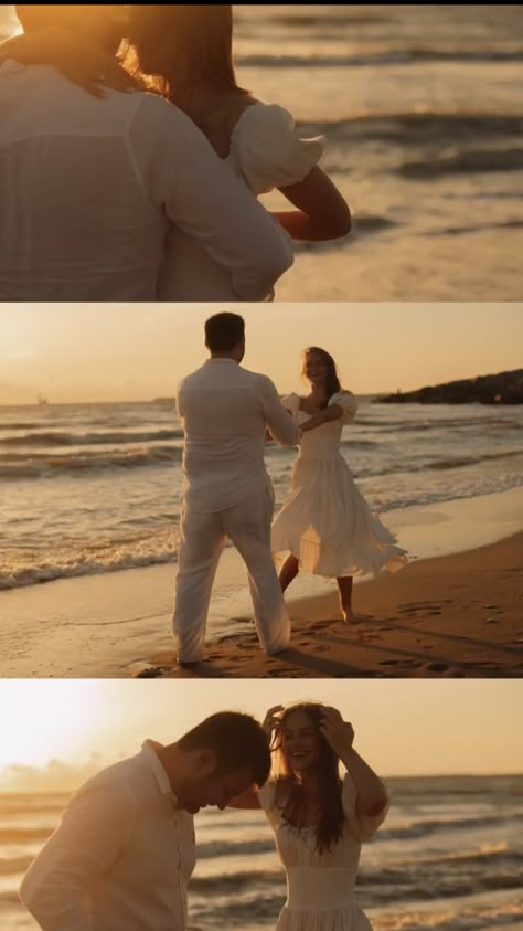 Beach Photoshoot Prewedding, Pre Nuptial Photoshoot Ideas, Pre Wedding Shoot Beach Photography, Prewed Beach Photo Ideas, Beach Prenup Shoot, Couple Poses Lake, Beach Prenup Ideas, Couples Sunrise Beach Photos, Sea Photoshoot Ideas Couple