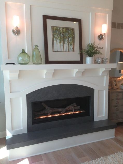 Concrete Fireplace Surrounds - Transitional - Living Room - Grand Rapids - by Hard Topix LLC | Houzz Raised Hearth Fireplace, Concrete Fireplace Surround, Raised Hearth, Hearth Stone, White Mantel, Farmhouse Transitional, Scandinavian Rustic, Linear Fireplace, Concrete Fireplace