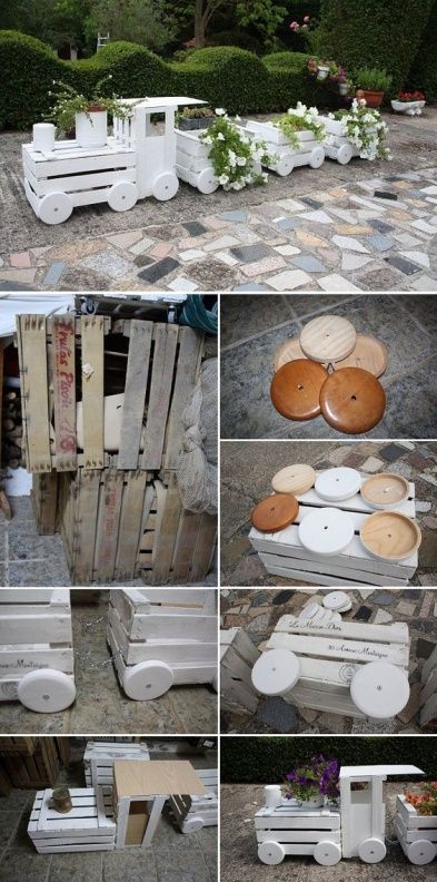 Train Garden, Old Crates, Wooden Pallet Projects, Pallet Crafts, Wooden Train, Diy Holz, Garden Planter, Wooden Crates, Wooden Garden