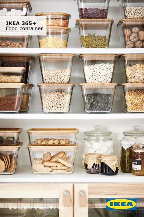 Sort it out and prevent food waste by using IKEA food storage containers. They are compact and reusable, allowing you to keep food fresher for longer. Desain Pantry Dapur, Organized Pantry, Desain Pantry, Ikea 365, Kitchen Organization Pantry, Kitchen Organisation, Heat Resistant Glass, Pantry Design, Form Design