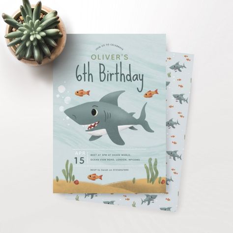 Boys Cute Under the Sea Ocean Shark 6th Birthday Invitation Blue Ocean Background, Shark Cartoon, Ocean Shark, Ocean Background, Shark Pattern, Birthday Themes For Boys, Cartoon Fish, Fishing Birthday, Boy Birthday Invitations