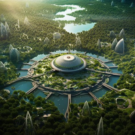 futuristic city City Birds Eye View, Birds Eye View City, Rift Valley, World Of Tomorrow, Concentric Circles, Hadid Style, Solar Water, Green City, Futuristic City