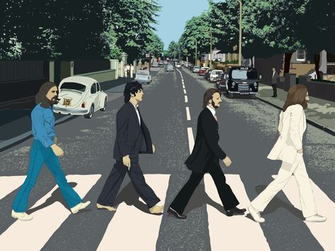 The naïve digital style of Woouf! brings a fresh look to The Beatles' Abbey Road Abbey Road Painting, Beatles Illustration, Beatles Painting, Beatles Drawing, Road Drawing, Beatles Merchandise, Road Vector, The Beatles Abbey Road, Road Painting