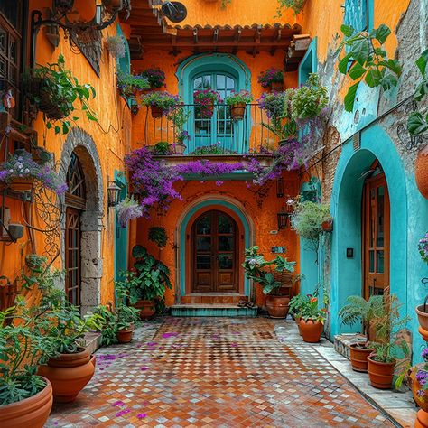 Laissez-vous emporter par la sérénité de cette cour mexicaine, où chaque détail raconte une histoire et où chaque coin invite à la rêverie. 🌺✨ #homedesign #homedecor #lamaisonimaginaire #architecture Mexican Home Exterior, Mexico City Architecture, Style Hacienda, Arizona Decor, Mexican Architecture, Outdoor Restaurant Design, Colorful Buildings, Small Courtyard Gardens, Small Courtyards