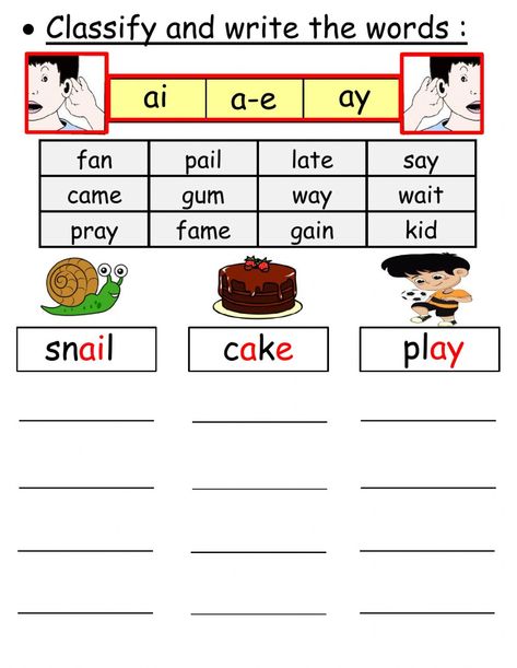 Classify the words (ai ay a-e) worksheet Ay Worksheets, Ay Sound Worksheets, Ay Phonics Worksheet, Ay Words Worksheet, Vowel Teams Worksheets, Reading Comprehension For Kids, Cvc Words Worksheets, Kindergarten Phonics Worksheets, Cvc Words Kindergarten