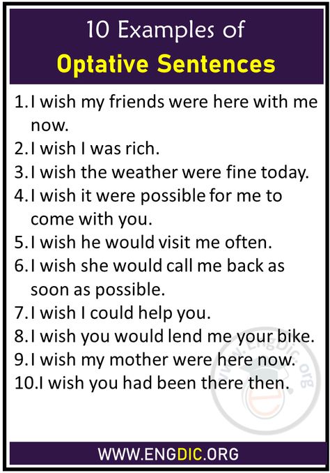 10 Examples of Optative Sentences Below are 10 Examples: I wish my friends were here with me now. I wish I was rich. I wish the weather were fine today. I wish it were possible for me to come with you. I wish he would visit me often. I wish she would call me back as soon as possible. I wish I could help you. I wish you would lend me your bike. I wish my mother were here now. I wish you had been there then. The post 10 Examples of Optative Sentences appeared first on EngDic. 7 Sentences I Wish I Read Sooner, Opening Sentences Writing Essay, Sentence Structures In English, Concluding Sentences Examples, Structure Of Sentences In English, If Sentences Grammar, Declarative Sentences, I Am Rich, Sentence Examples