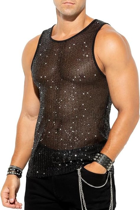 Amazon.com: Arjen Kroos Men's Sequin Tank Top Sparkly Metallic Sleeveless T Shirt Party Top,B2-black-3330,Large : Clothing, Shoes & Jewelry Pirate Christmas, Clubbing Fits, Steampunk Theme, Fantasy Fest, Birthday Party Outfit, Oc Clothes, Metallic Shorts, Sequin Tank Top, Performance Costume