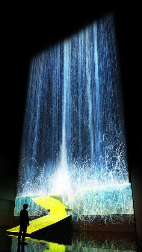 Digital Waterfall Projected On A Satellite Gives The Illusion Of Weightlessness - Creators Projection Mapping Installation, Light Waterfall, Team Lab, Water Projection, Waterfall Project, Projection Installation, Waterfall Pond, Digital Projection, Light Art Installation