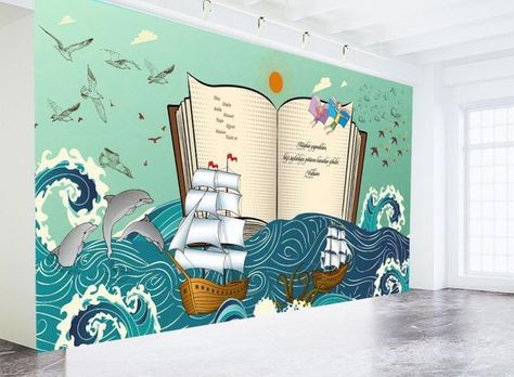 School Wall Art Ideas, Nursery Wall Painting, Kindergarten Interior, Mural Art Design, School Wall Art, School Murals, Room Wall Painting, Murals For Kids, Library Wall