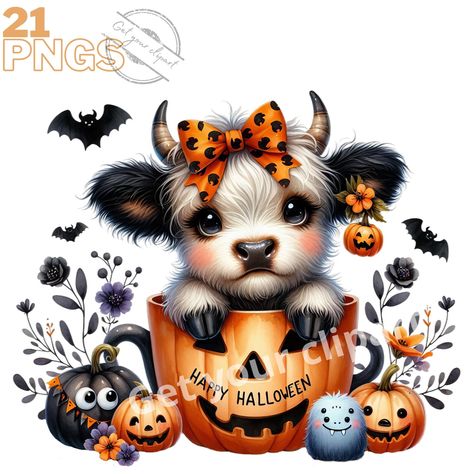 Cute Halloween Images, Highland Cow Clipart, Highland Calf, Cow Clipart, Baby Highland Cow, Highland Cows, Cow Png, Halloween Illustration