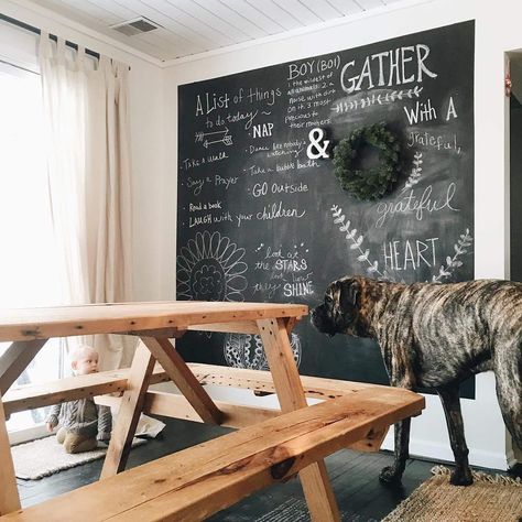 Morgan (@thewhitefarmhouseblog) • Instagram photos and videos Chalk Wall, Dining Room Remodel, Friends House, Chalkboard Wall, Room Remodel, White Farmhouse, Pretty Cool, Home Remodeling, Dining Bench