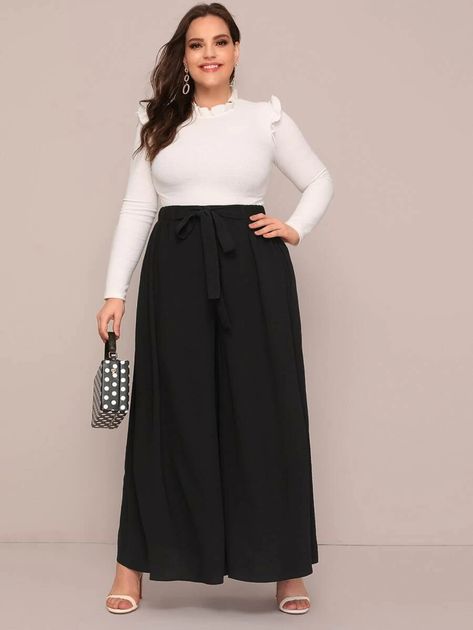 Plus Tie Front Exaggerate Wide Leg Pants | SHEIN USA Wide Leg Pants Outfit Plus Size, Black Wide Leg Trousers Outfit, Black Wide Leg Pants Outfit, Wide Leg Pants Outfit Work, Chubby Outfit Ideas, Wide Leg Trousers Outfit, Palazzo Pants Outfit, Wide Leg Pants Outfit, Prom 2024