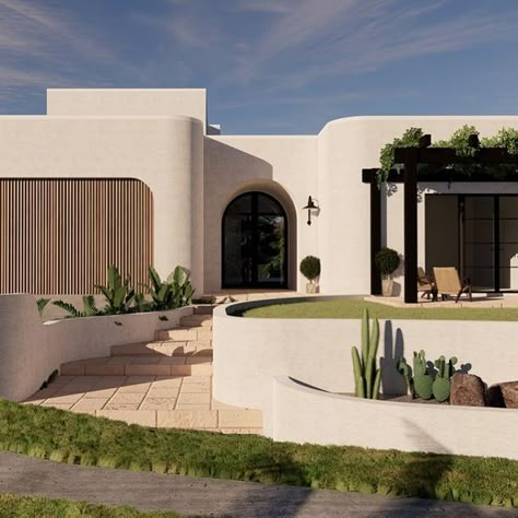 Villa Facade Design, Modern Mediterranean Home, Santorini House, Mediterranean Style Home, Mediterranean Style Homes, Mediterranean House, Modern Mediterranean, Casa Exterior, Modern Architecture House