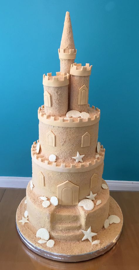 Sand castle cake Castle Cake Ideas, Sand Castle Cake, Sandcastle Cake, Sand Castle Cakes, Castle Birthday Cakes, Little Mermaid Cakes, Sea Cakes, Beach Cakes, 16 Birthday Cake