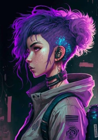 Neon Purple Hair, Cyberpunk Hacker, Graphic Novel Style, Cyberpunk Hair, Hacker Girl, Neon Cyberpunk, Cyberpunk Rpg, Cyberpunk Anime, Cyberpunk Girl