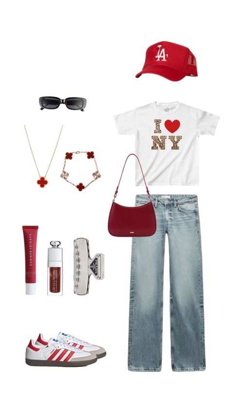 casual red outfit Prada Summer, Summer Graphic Tee, Summer Fridays, Lip Glow, Red Outfit, Van Cleef, Casual Dinner Outfit, School Outfit, Cute Casual Outfits