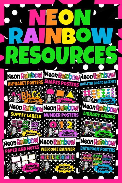 Check out my long list of Neon Rainbow posters, math resources, papers, alphabet, labels and so much more! Neon Theme Classroom, Neon School Theme, Neon Classroom Decor, Neon Classroom, Steam Classroom, Bright Classroom, Data Wall, Rainbow Library, Library Labels