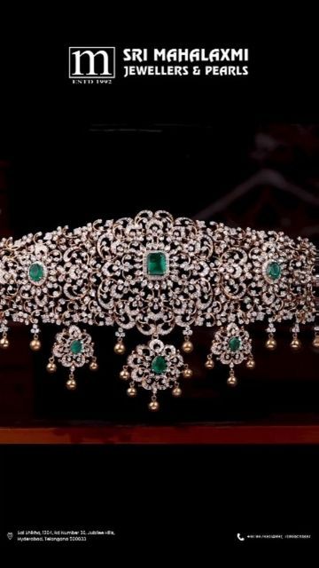 Diamond Oddiyanam, Diamond Jewlery, Vaddanam Designs, Antique Jewelry Indian, Jewelry Indian, Wedding Jewellery, Diamond Jewellery, Green Stone, Diamond Studs