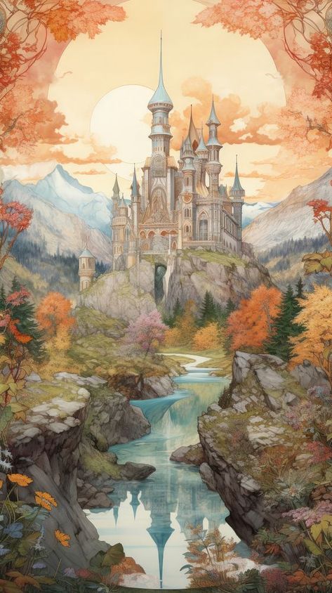 An art nouveau drawing of castle landscape architecture building outdoors. | premium image by rawpixel.com / Ling Fairy Tale Watercolor, Art Nouveau Architecture Drawings, Art Nouveau Castle, Castle Illustration Fairytale, Fantasy Castle Drawing, Drawing Of Castle, Forest Fairy Art, Elven House, Art Nouveau Drawing