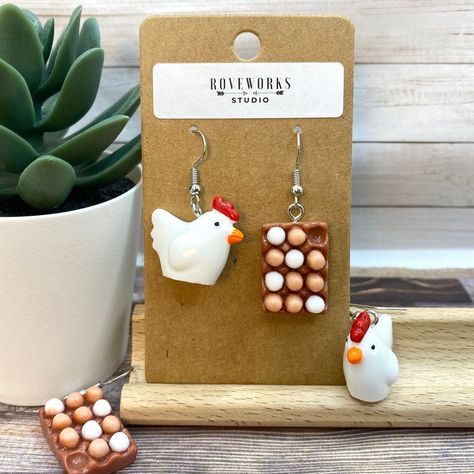 Farm Earrings, Chicken Jewelry, Homestead Crafts, Chicken Earrings, Crazy Earrings, Egg Earrings, Clay Pins, Chicken Gifts, Earrings Ideas