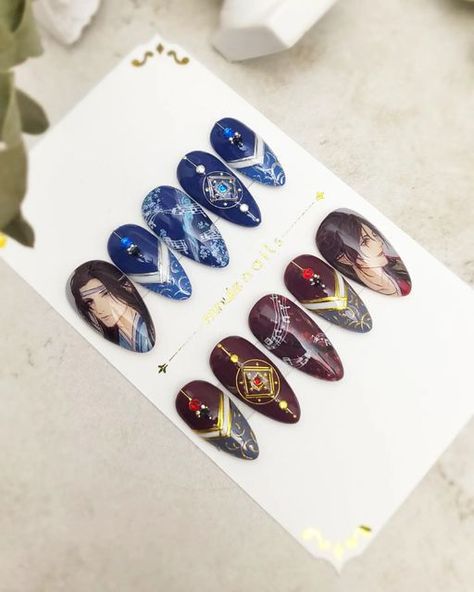 Mxtx Nails, Tgcf Nail Art, Galaxy Nails Tutorial, Anime Nail Art, Harry Potter Nails, Nail Art Photos, Anime Nails, Beauty Nails Design, Galaxy Nails