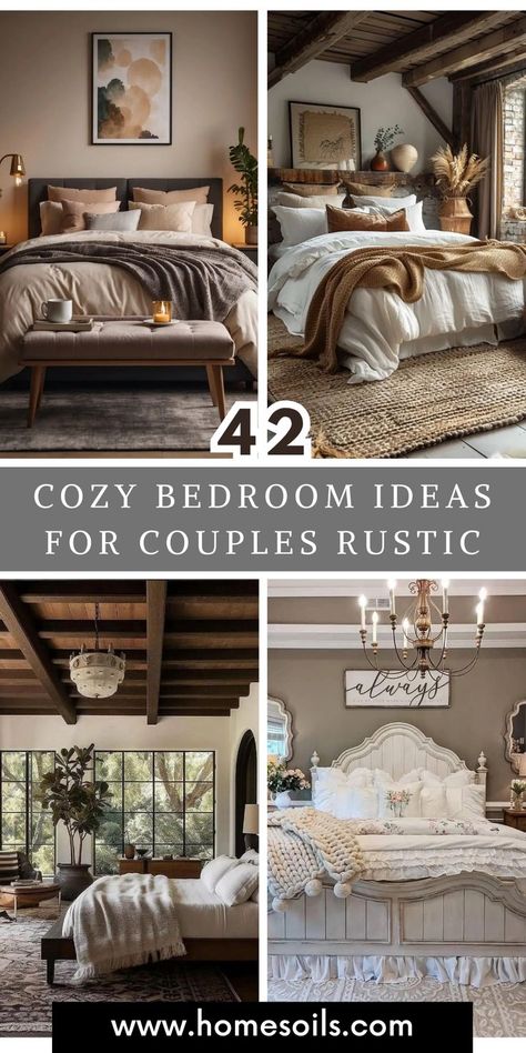 Create a warm and inviting retreat with these 42 cozy rustic bedroom ideas for couples! From reclaimed wood accents and soft lighting to plush bedding and nature-inspired decor, transform your bedroom into a relaxing, intimate space with rustic charm and comfort. Rustic Style Bedroom Ideas, Bedding With Wood Headboard, Rustic Lake House Decor Interior Design Master Bedrooms, Natural Elements Bedroom, Farmhouse Master Bedrooms Decor Ideas, Master Bedrooms Decor Cabin, Rustic Farmhouse Bedroom Ideas Color Schemes, Bedroom Filler Ideas, Bedroom Inspirations Neutral Colors