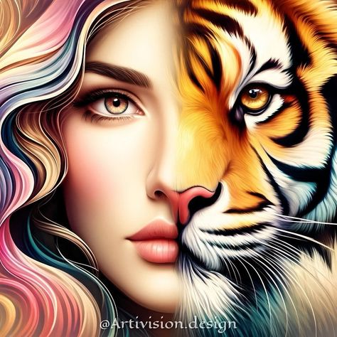 Tiger Woman🐯 Woman And Tiger, Tiger Woman, Tiger Lady, Hybrid Art, Tiger Painting, Woman Drawing, Woman Painting, Female Art, Collage