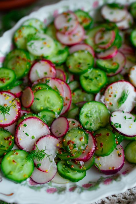 Dewy Dill Delight Radish and Cucumber Salad: Refreshing Spring Side Salad Recipe — Under A Tin Roof Easy Fresh Meals Clean Eating, Refreshing Vegetarian Meals, Radish Snack Ideas, Recipe With Radishes, Side Dishes Make Ahead, Just Vegetables Recipes, Fun Salads Healthy, Fresh Vegetable Side Dishes, Radish Greens Recipes