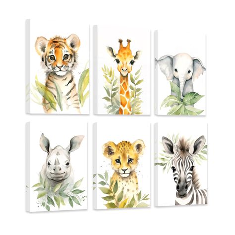 PRICES MAY VARY. 6 Panels Baby Animal Wall Art - Nursery Animal Pictures make your living space more attractive. Enliven your space with cute animals artworks and enjoy awakening your life. Note - (Unframed) is canvas only; (Framed) canvas is stretched on a solid wood frame; please choose according to your needs. Quality Artwork - HD Giclee modern print with excellent clarity, vibrant colors; This product features a solid wood frame, the canvas is neatly stretched and mounted to the frame for a Zoo Animal Decorations, Jungle Prints For Nursery, Safari Animals Watercolor, Gender Neutral Nursery Artwork Safari, Gender Neutral Nursery Artwork Safari Watercolor, Tiger Nursery Art, Watercolor Jungle Animals Nursery Art, Baby Safari Nursery, Baby Zoo Animals