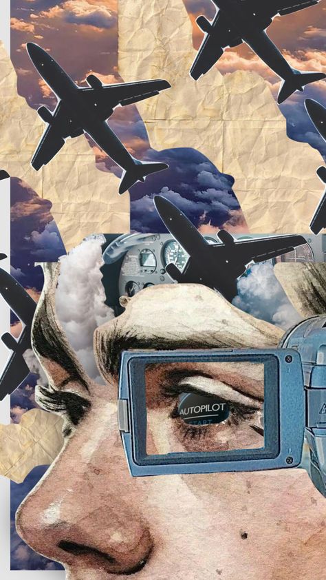 Education Moodboard, Plane Collage, Airplane Collage, Aeroplane Photography, Clouds Collage, Aviation Aesthetic, Paper Cutout Effect, Surrealist Collage, Technology Theme