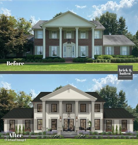 Brick Colonial Exterior Makeover, Large Columns Front Porches, Update Exterior Columns, How To Update Columns On Porch, Update Colonial House Exterior Columns, Exterior Columns Modern, Front House Pillars Entrance, Colonial House Exterior Pillars, Dark Columns On Front Porch