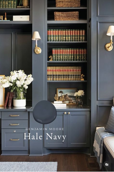 Navy Blue Study, Navy Office Walls, Grandma Bedroom, Benjamin Moore Hale Navy, Office Cabinetry, Blue Study, Coastal Home Office, Moody Coastal, Paint Deck