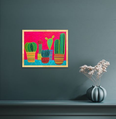 This listing is for a giclee art print of my original cactus painting. Perfect for lovers of Mexican folk art, maximalist wall art and cactus decor. Also makes a great housewarming gift! Title: My favourite corner ---------------------------------------------------- -Printed professionally on museum quality paper, with archival ink -Brilliant, vibrant colors that will last you a lifetime -Ships from my printing partner in Texas, US, within 3 - 5 days -Frame not included. ------------------------ Colorful Still Life, Mexican Cactus, Cactus Paintings, Colorful Cactus, Hispanic Art, Mexican Paintings, Folklore Art, Cactus Poster, Naive Painting