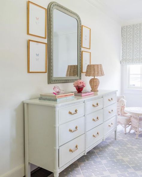 Mirrors In Basement, Nursery Wall Mirror, Haddy House Interiors, Mirror Over Dresser Bedroom, Girls Room Dresser, Dresser Inspo, Townhome Decorating, Nursery Mirror, College Bedroom