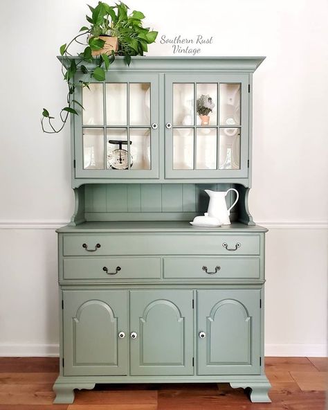 Custom "Eucalyptus Green" Hutch | General Finishes Design Center Sage Green Refurbished Furniture, Green Hutch Makeover, Paint Bookcase, Sage Furniture, Furniture Paint Color, Sage Green Furniture, Green Painted Furniture, Hutch Makeover, Furniture Design Ideas