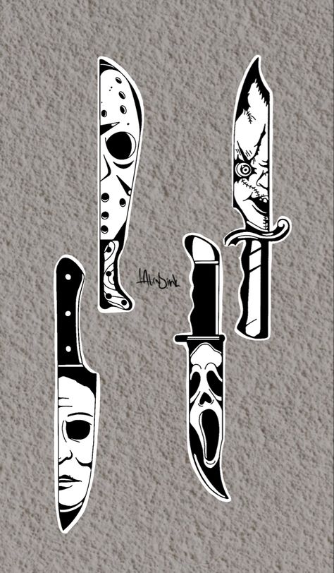 Knife Tattoo Halloween, Jason Voorhees Knife Tattoo, Jason Knife Tattoo, Horror Flash Tattoo, Boss Tattoo, Halloween Tattoo Flash, Draw Book, Horror Movie Tattoos, Knife Drawing