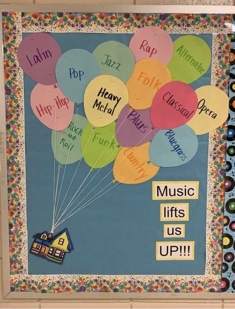 Primary School Music Display, Song Bulletin Board Ideas, Music Boards Bulletin Ideas, Disney Music Bulletin Boards, Music Classroom Display, Music Class Bulletin Board Ideas, Elementary School Music Room Design, Band Room Bulletin Boards, Orchestra Bulletin Boards