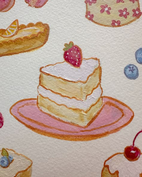 Pastel Cute Drawing, Ideas To Draw In Your Sketchbook, Paint Drawings Easy, Pink Food Drawing, Cute Cake Drawing Aesthetic, Cake Drawing Aesthetic, Trendy Art Paintings, Peppermint Drawing, How To Draw Food