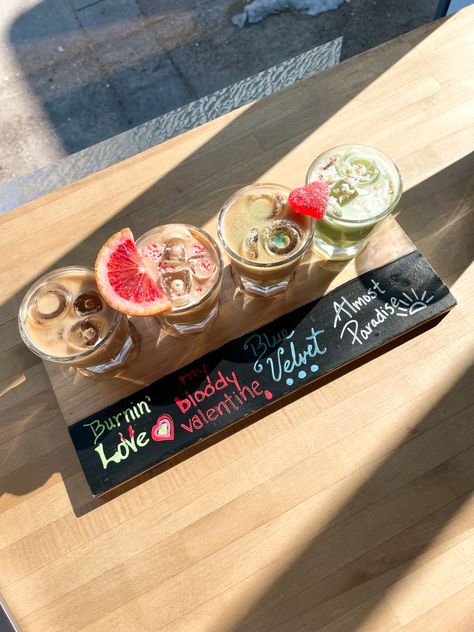 Valentine’s Coffee Flight at Third Space Cafe in Uptown, Minneapolis Cafe Valentines Day, Coffee Shop Valentines Decor, Valentines Day Coffee Drinks, Coffee Event Ideas, Cafe Event Ideas, Valentines Coffee Drinks, Cafe Drinks Aesthetic, Coffee Flights, Drink Flights