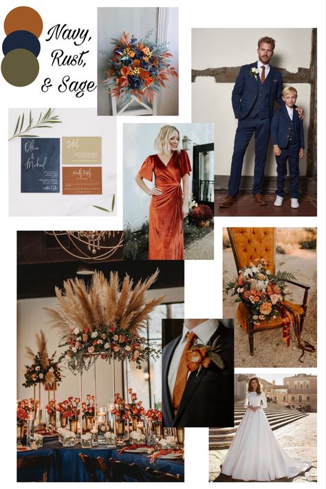 Rust And Blue Wedding Colors, Boho Wedding With Navy Blue, Terracotta And Navy Wedding Palette, Navy Rust Olive Wedding, Navy Blue Rust And Burgundy Wedding, Navy Blue And Burnt Orange Wedding Boho, Rust Navy Blue And Grey Wedding, Fall Wedding Colors With Navy Suits, Terracotta Green And Blue Wedding