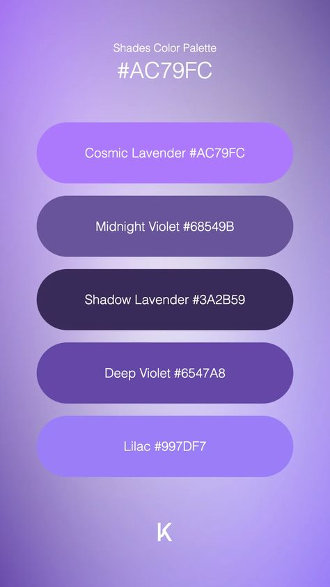 Shades Color Palette Cosmic Lavender #AC79FC · Midnight Violet #68549B · Shadow Lavender #3A2B59 · Deep Violet #6547A8 · Lilac #997DF7 Night Sky Color Palette, Colors Hex Codes, Sky Color Palette, Purple Color Code, Color Thesaurus, Violet Pastel, Paint Mixing, Hex Color Palette, Hex Color