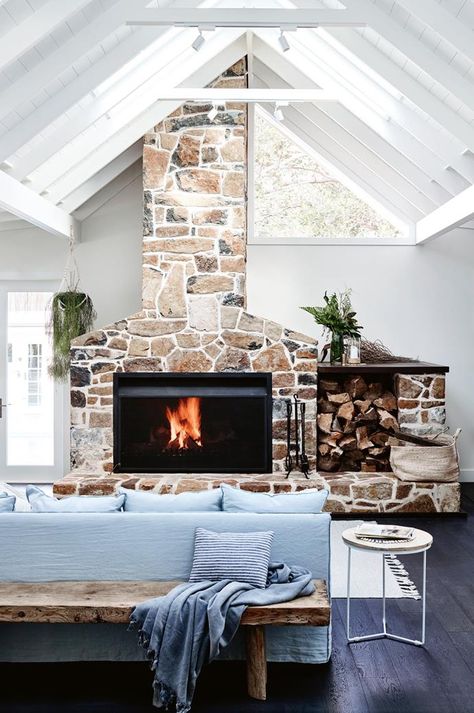 You can stay in this rustic holiday home on the NSW South Coast that's styled with a relaxed palette and natural textures. Stone Feature Wall, Country Style Living Room, Cottage Shabby Chic, Coastal Living Rooms, Beach House Interior, Design Apartment, Coastal Farmhouse, Country Style Homes, Australian Homes