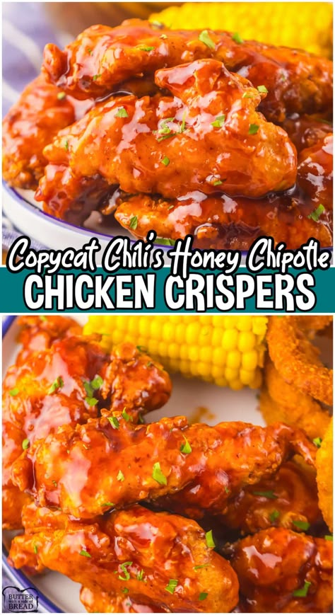 Copycat Chili's Honey Chipotle Chicken Crispers taste just like the real thing! Make this tasty version at home for an easy chicken dinner! Chipotle Chicken Crispers, Honey Chipotle Chicken Crispers, Chilis Chicken Crispers, Honey Chipotle Sauce, Chicken Crispers, Smoked Meatloaf Recipe, Daiquiri Bar, Blood Pressure Recipes, Desserts At Home