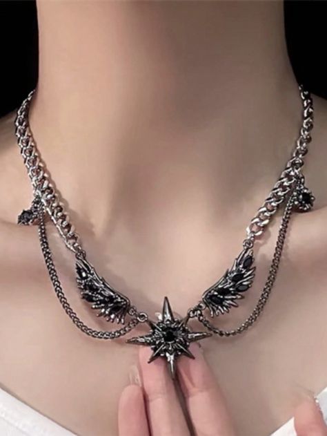 Black Funky Collar  Titanium Steel   Embellished   Women Fashion Jewelry Necklace Dragon, Dragon Bones, Grunge Jewelry, Dark Style, Wing Necklace, Black Ink Tattoos, Dark Fashion, Women Fashion, Bones