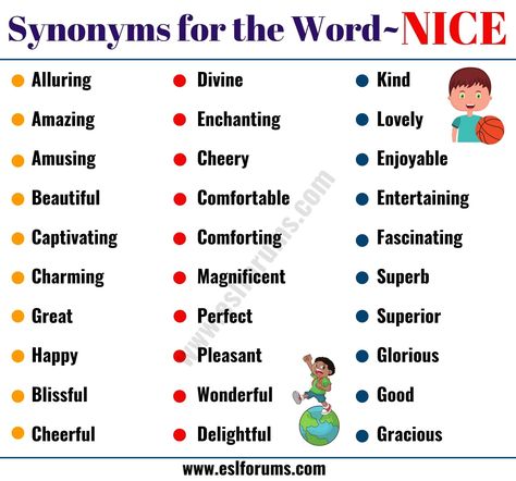 NICE Synonym: 50 Useful Synonyms for NICE with Examples - ESL Forums Nice English Words, Synonyms For Nice, Nice Synonyms, Words To Use Instead, Sentences In English, Nice Makeup, Essay Writing Skills, Descriptive Words, Good Vocabulary Words