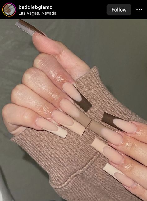 French Tip Nails Brown, Trendy Matte Nails, Colored French Tip Nails, Brown Nail Designs, Nail Designs Fall, Glossy Nails, Long Almond Nails, Brown Nail, Brown Nails Design