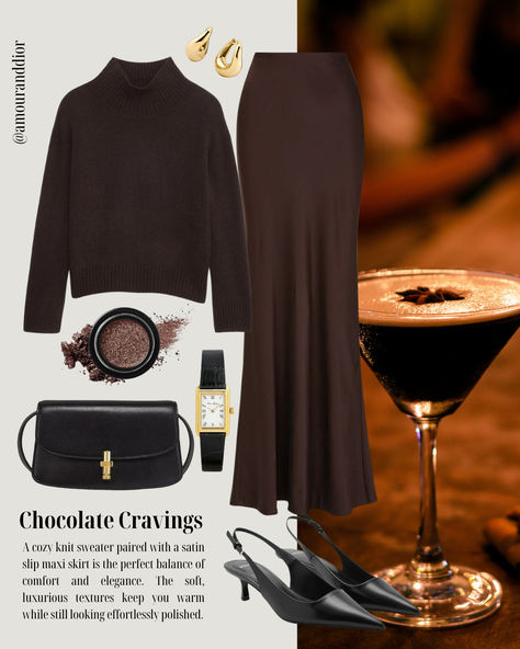 Chocolate cravings 🤎 Fall outfit, fall favorites, dark brown, chocolate brown, satin slip skirt, cashmere sweater, turtleneck, mock neck, date night outfit, sophisticated outfit, maxi skirt, glittery eyeshadow, kitten heels Dark Brown Skirt Outfit, Petite Outfits Spring, Chocolate Brown Outfit, Brown Skirt Outfit, Glittery Eyeshadow, Satin Slip Skirt, Dior Style, Sophisticated Outfits, Sweater Turtleneck