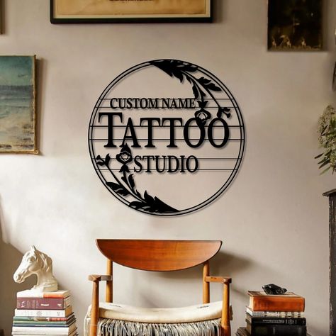 Name And Flower Tattoo, Tattoo Parlor Decor, Wall Art Tattoo, Tattoo Sign, Tattoo Wall Art, Studio Sign, Tattoo Parlor, Tattoo Signs, Tattoo Parlors