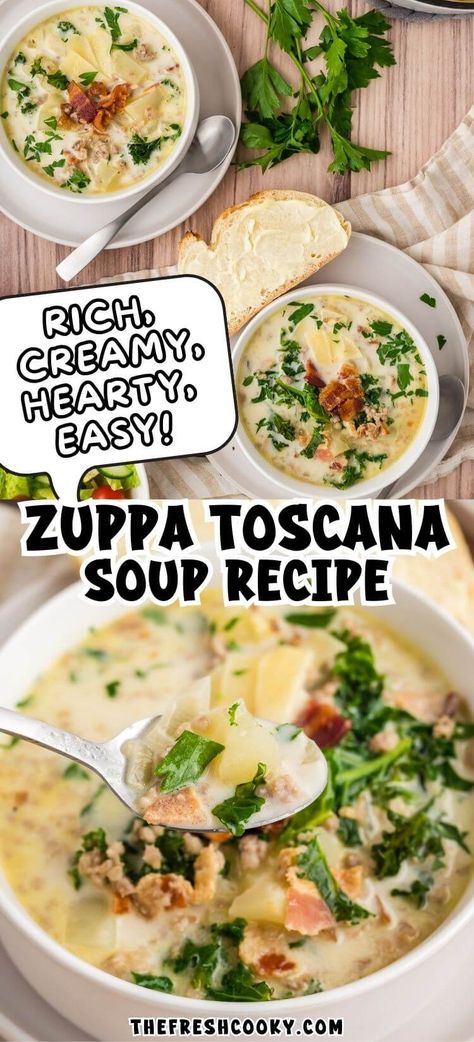 Love Olive Garden's Zuppa Toscana? Make it at home in under 30 minutes! This simple and delicious recipe is perfect for busy nights and kid-approved. Get the recipe from @thefreshcooky Zuppa Toscana Recipe, Zappa Soup, Zappa Toscana Soup, Best Zuppa Toscana Soup, Healthy Zuppa Toscana Soup, Zupa Toscana Soup, Zappa Toscana, Zupa Toscana, Healthy Zuppa Toscana